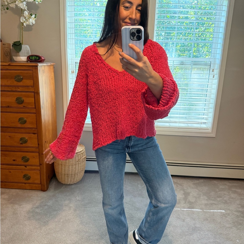 Free People Vibrant Pink V-Neck Sweater